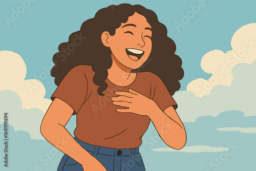 A young woman with curly hair laughs joyfully set against a green backdrop