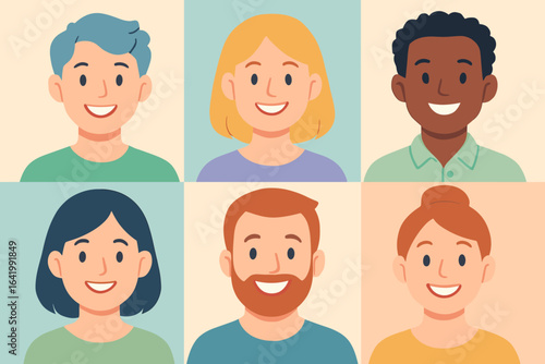 Smiling Faces: A collection of stylized portraits featuring a diverse group of smiling individuals, with each person embodying approachability, positivity, and authentic happiness