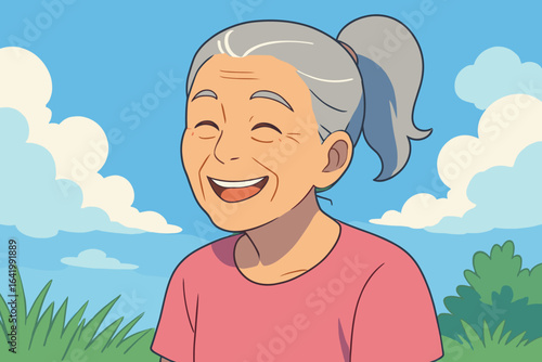 Silver-haired woman bursting with genuine laughter, her eye wrinkles and beaming smile radiating pure joy and zest for life as an elderly woman laughs out loud