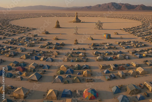 Aerial view of tents at large desert festival
