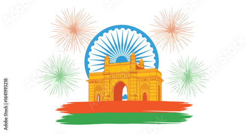 Illustration of Gateway of India with Ashoka Chakra, Tricolor Fireworks, and Indian Flag Motif for Independence or Republic Day concept