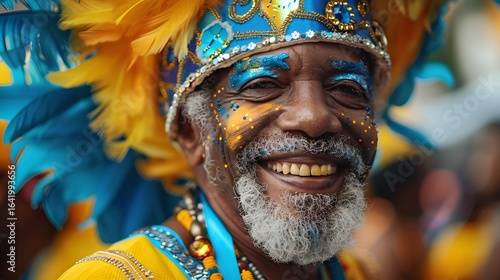 Happy senior man in vibrant carnival costume portrait