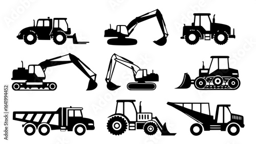 "Flat black silhouettes of assorted construction vehicles, such as cranes, bulldozers, dump trucks, and excavators, evenly spaced in a structured grid, side view on white background."