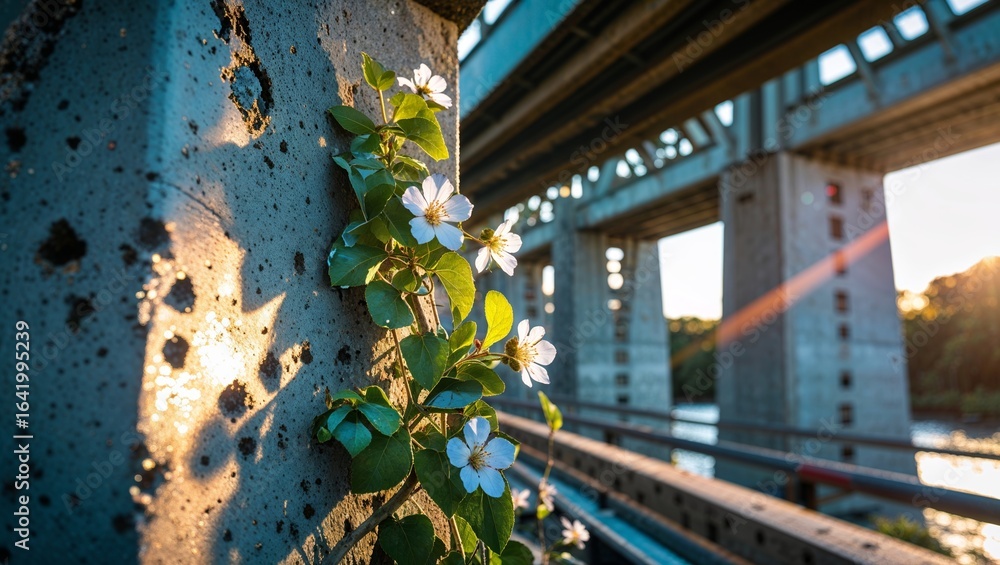 Fototapeta premium Wildflowers Thrive on Rusty Bridge, Sunlight Filtering Through Truss Structure, Nature's Beauty
