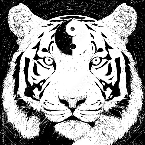 A detailed black and white illustration of a tiger with a yin yang symbol on its forehead art