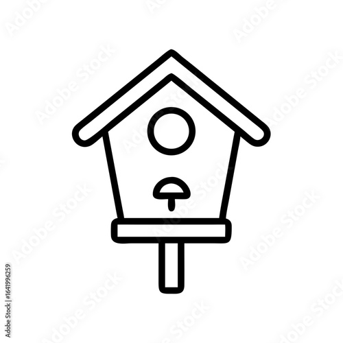 Line art of a simple birdhouse design with mushroom detail  