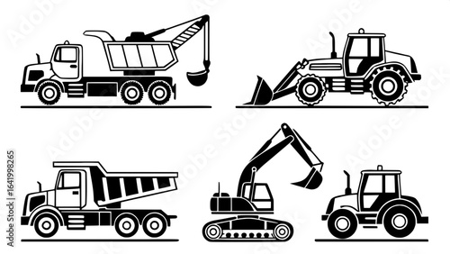 "Minimalist technical silhouettes of various construction machines in profile, featuring dump trucks, excavators, bulldozers, and cranes, displayed in a neat grid format on white."