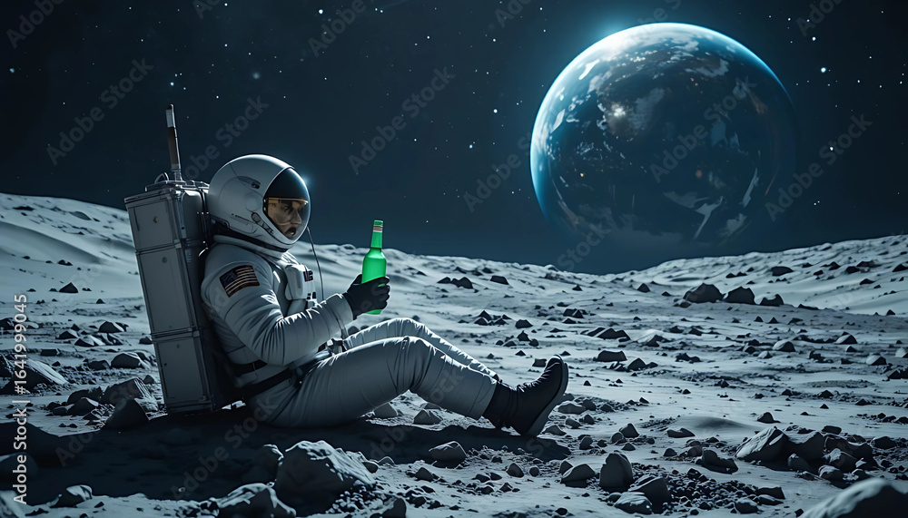 Obraz premium Relaxing Astronaut on Moon, Drinking Green Soda, beer with Earth View, Space Exploration, Sci-Fi Concept, Great for Advertisements, Blogs, and Presentations