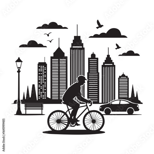 Man cycling in city with skyline, car, and street lamp, black and white illustration