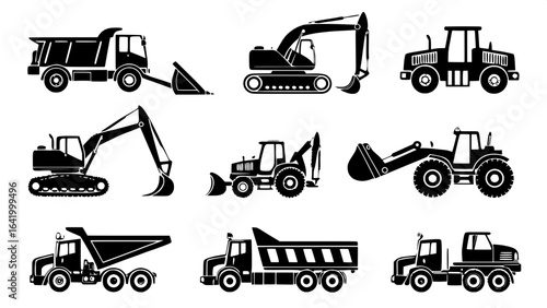 "Black silhouette icons of construction vehicles including dump trucks, excavators, bulldozers, and cranes, arranged in a clean grid on a white background, side profile view, flat and uniform lighting
