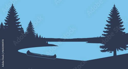 Vector illustration of a serene lake with canoes and pine trees  