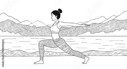 Serene Yoga Pose Warrior II Posture by the Lake - Line Art Illustration