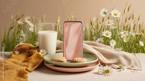 Pink Ceramic Dishware with Milk and Cookies in a Field of Daisies