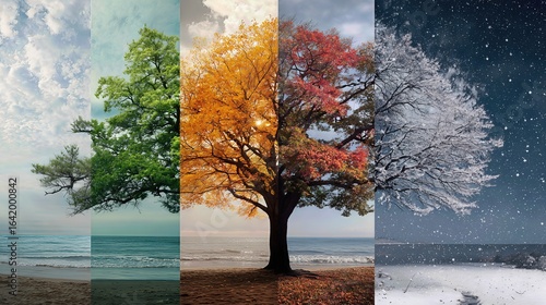 A single tree displays all four seasons, showing blossoms of spring, lush summer leaves, autumn colors, and bare winter branches.

