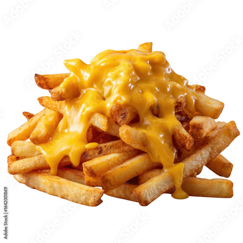 Deliciously cheesy french fries topped with melted cheddar cheese isolated on transparent background