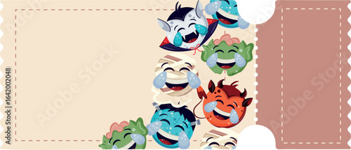 Halloween tear-off coupon template with Halloween emoticons smiling to tears, for holiday discounts or promotions