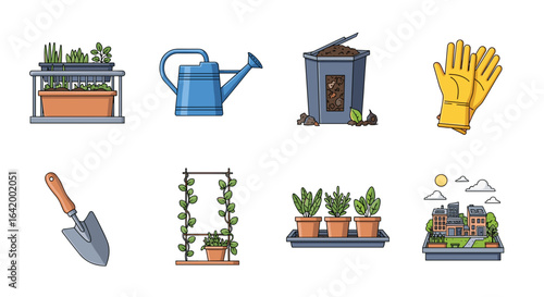 A collection of gardening tools and plants including a watering can and a compost bin and gloves
