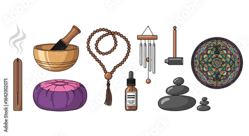 Illustration of various meditation and relaxation items including singing bowl and mala beads set up