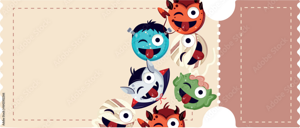 Fototapeta premium Halloween tear-off coupon template with Halloween emoticons with silly facial expressions, for holiday discounts or promotions