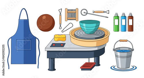Illustration of a pottery wheel with an apron, clay, tools, and bucket of water in a studio setup