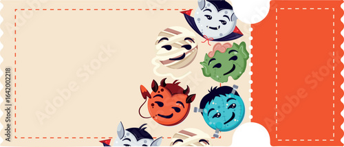 Halloween tear-off coupon template with Halloween emoticons with cunning facial expressions, for holiday discounts or promotions