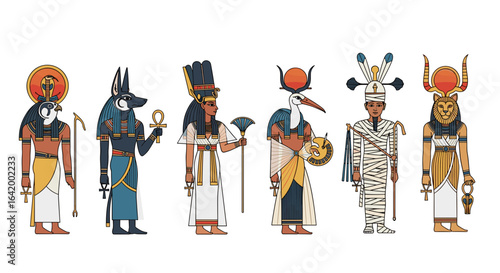 Illustration depicting a row of six ancient egyptian deities with distinct headdresses and attire
