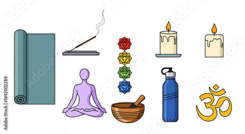 Illustration showing yoga mat incense chakras meditation candles water bottle and om symbol items
