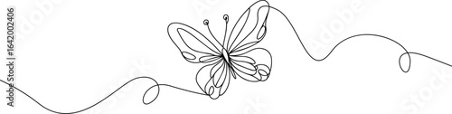 Butterfly one line drawing . Beautiful butterfly silhouette one continuous line drawing . Exotic flying butterfly side view .	