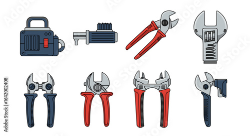 Illustration of various hand tools including pliers, wrenches, and a toolbox on a white backdrop