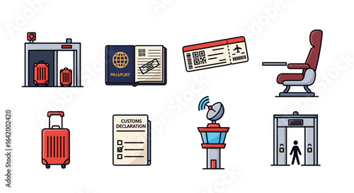 Illustration showing airport security scanner, passport, ticket, seat, luggage, customs form and tower