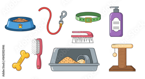 Illustration of pet supplies including a food bowl leash collar shampoo brush litter box and toy