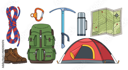 Illustration of a collection of camping and hiking gear including a tent backpack and boots