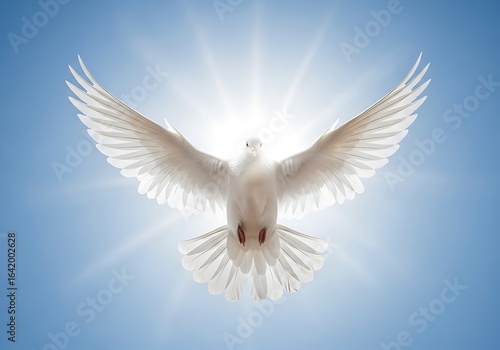 A radiant white dove with outstretched wings ascends into a bright sunlit sky symbolizing peace and divine presence