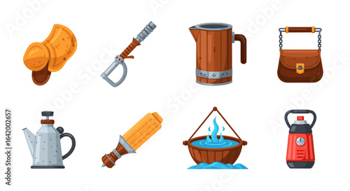 Illustration of various camping and survival gear including cooking and protection items displayed