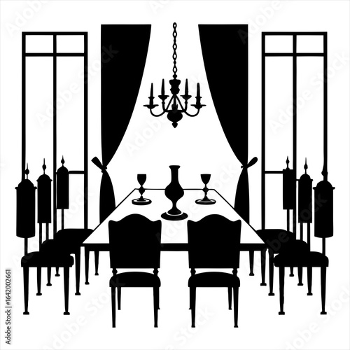 Dining room interior silhouette vector illustration