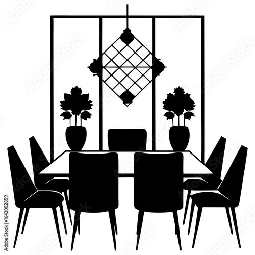 Dining room interior silhouette vector illustration