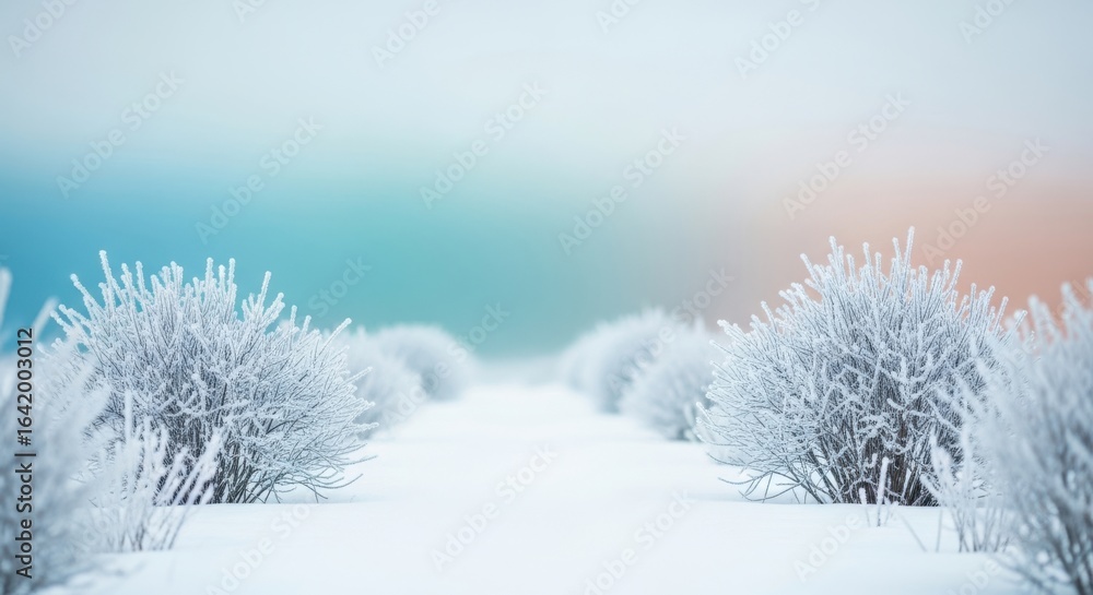 Frosty winter path lined with snow-covered bushes under a colorful sky Frosty winter path lined with snow-covered bushes under a colorful sky