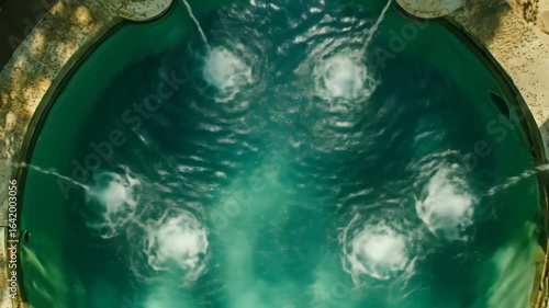 Aerial view of round fountain pool with water features in a garden.