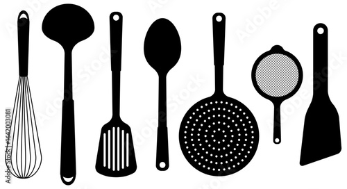 Whisk, ladle, spatula, spoon, colander, sieve. Kitchen utensils black silhouette set. Flat vector illustration isolated on white background.
