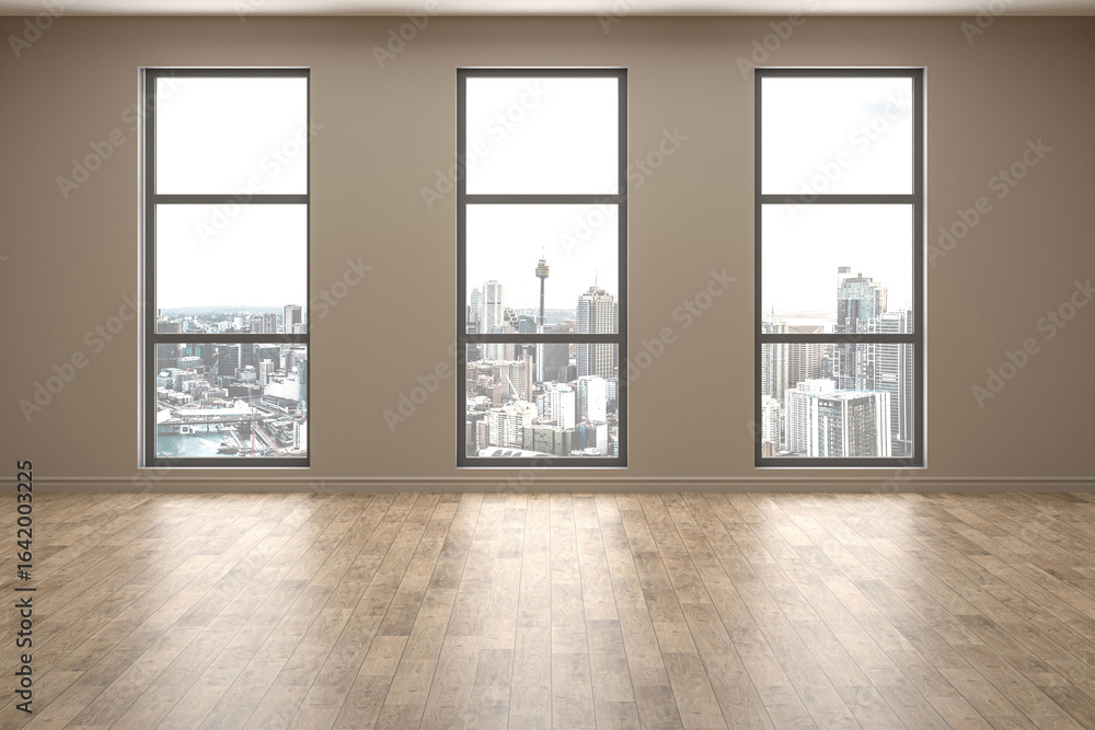 Fototapeta premium Modern empty room with windows in floor and city view 3D Render