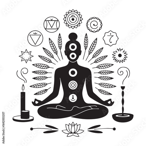 Silhouette of a person meditating with chakras and symbols, isolated on white background