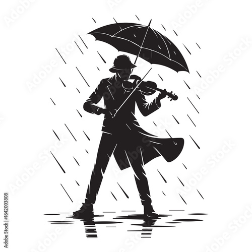 Silhouette of a violinist playing under an umbrella in the rain, isolated on white background