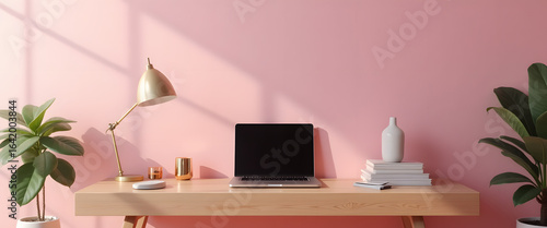 Minimalist Home Office Desk with Laptop and Pink Wall Modern Workspace Setup
