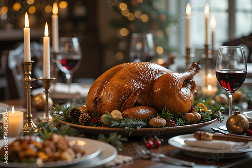 Christmas Dinner with Golden Roast Turkey and Candlelit Festive Decor