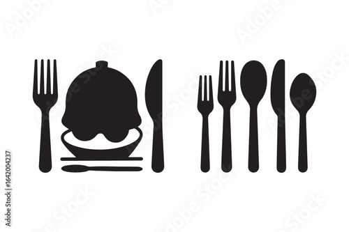 Black silhouette of cutlery and a covered dish
