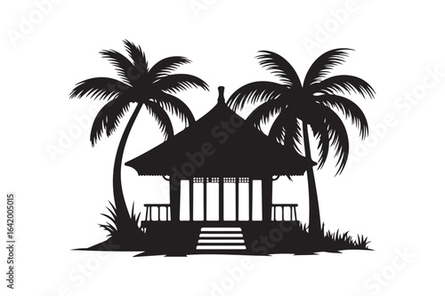 Tropical hut silhouette with palm trees