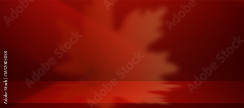 Red Autumn Background.Studio Room with Shadow Leaf on Red Wall and Floor.Empty Podium Display for Product Present.Vector Abstract Background Dark Red Gradient with Light on 3d Stand for Fall Season