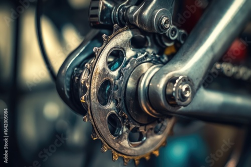 Close-up of a mountain bike's rear derailleur and cassette, showing intricate mechanical details.