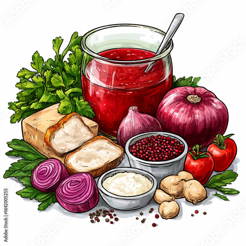 set of products for making borscht. healthy beet soup, vegetarianism, illustration