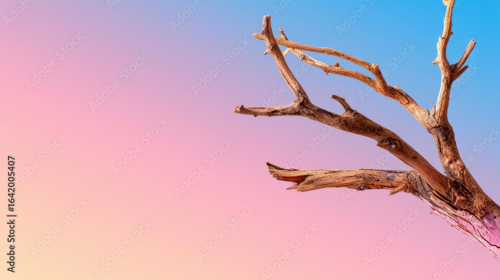 Fototapeta premium Driftwood branch on clean pastel background creates serene and calming atmosphere, perfect for nature inspired designs and artistic projects